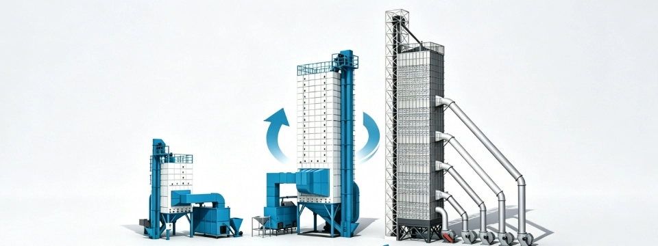 Grain drying systems for different capacities and heat sources
